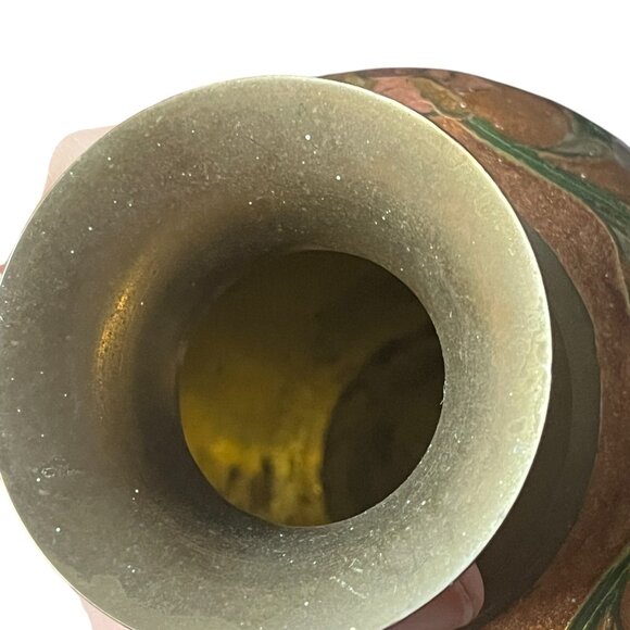 Vintage Solid Brass Cloisonne Floral Vase Heavy Enamel 6" Bronze Pink Green Boho - Picture 8 of 9